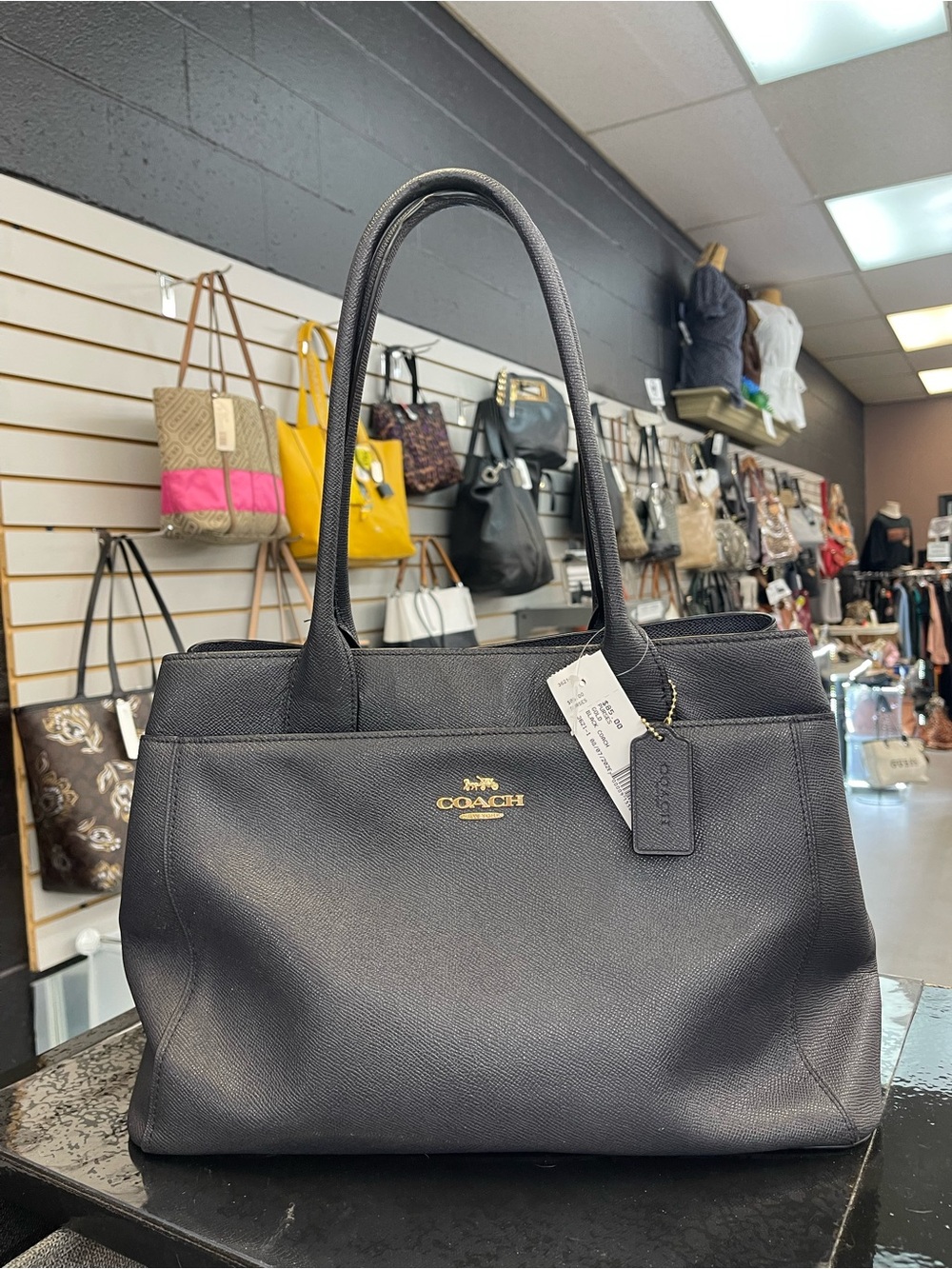 Coach Black Leather Saffiano Tote with Gold Logo